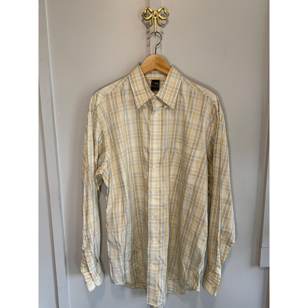 T Harris London Mens XL‎ Plaid Button Down Shirt Tan Blue Cotton Long Sleeve